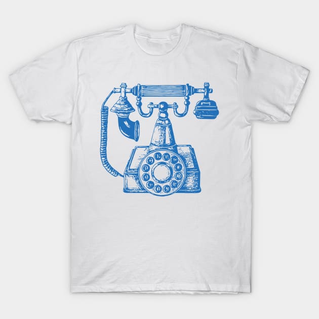 Vintage Phone Block Print in Blue and White T-Shirt by OpalEllery